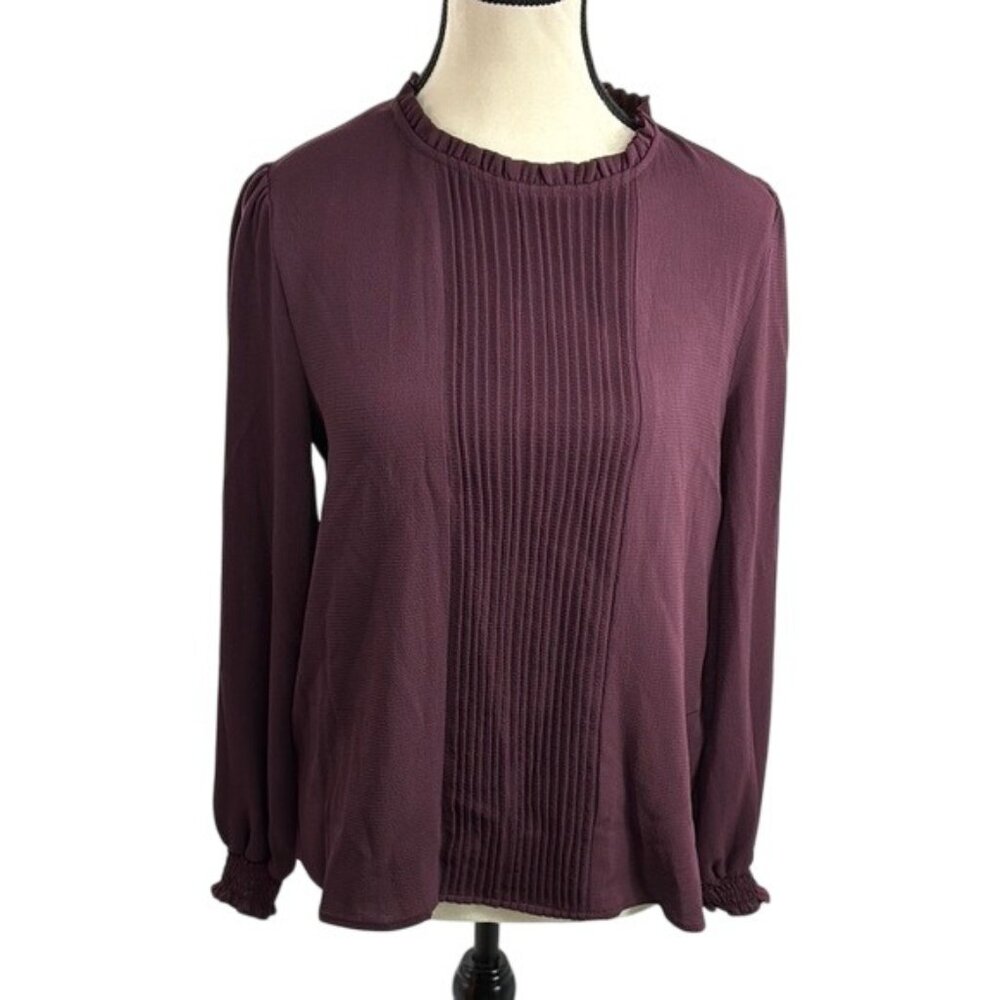 CeCe Womens Blouse Small Purple Pleated Ruffle Long Sleeve Career Top